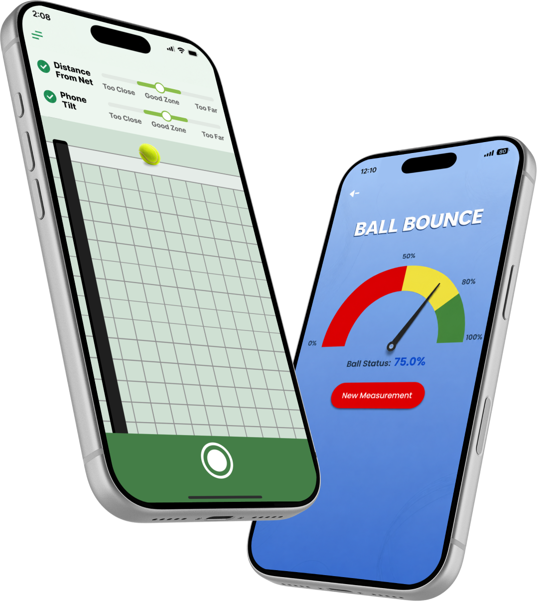 Tennis Ball Bounce Meter app screens showing calibration and bounce results